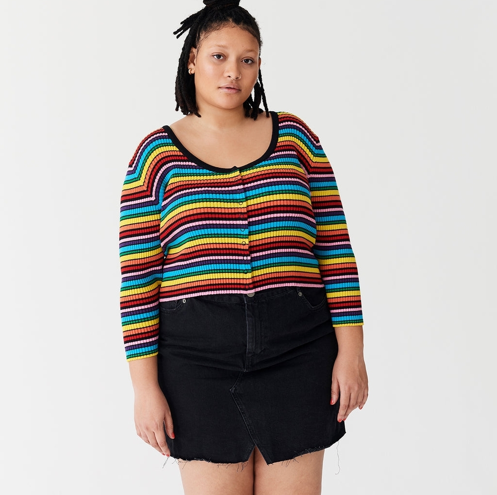 Lazy Oaf Rainbow Rib Scoop Neck Top - Size UK 20/US 18